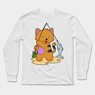 Cat as Fisher with Fishing rod & Fish Long Sleeve T-Shirt